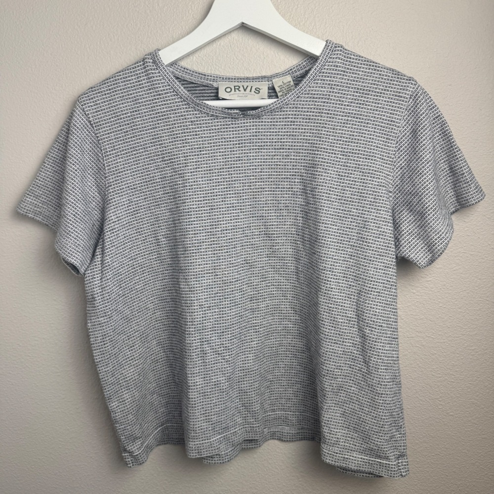 Orvis Cotton Linen Knit Top Size Large Cropped Grey Micro Pattern Short Sleeve